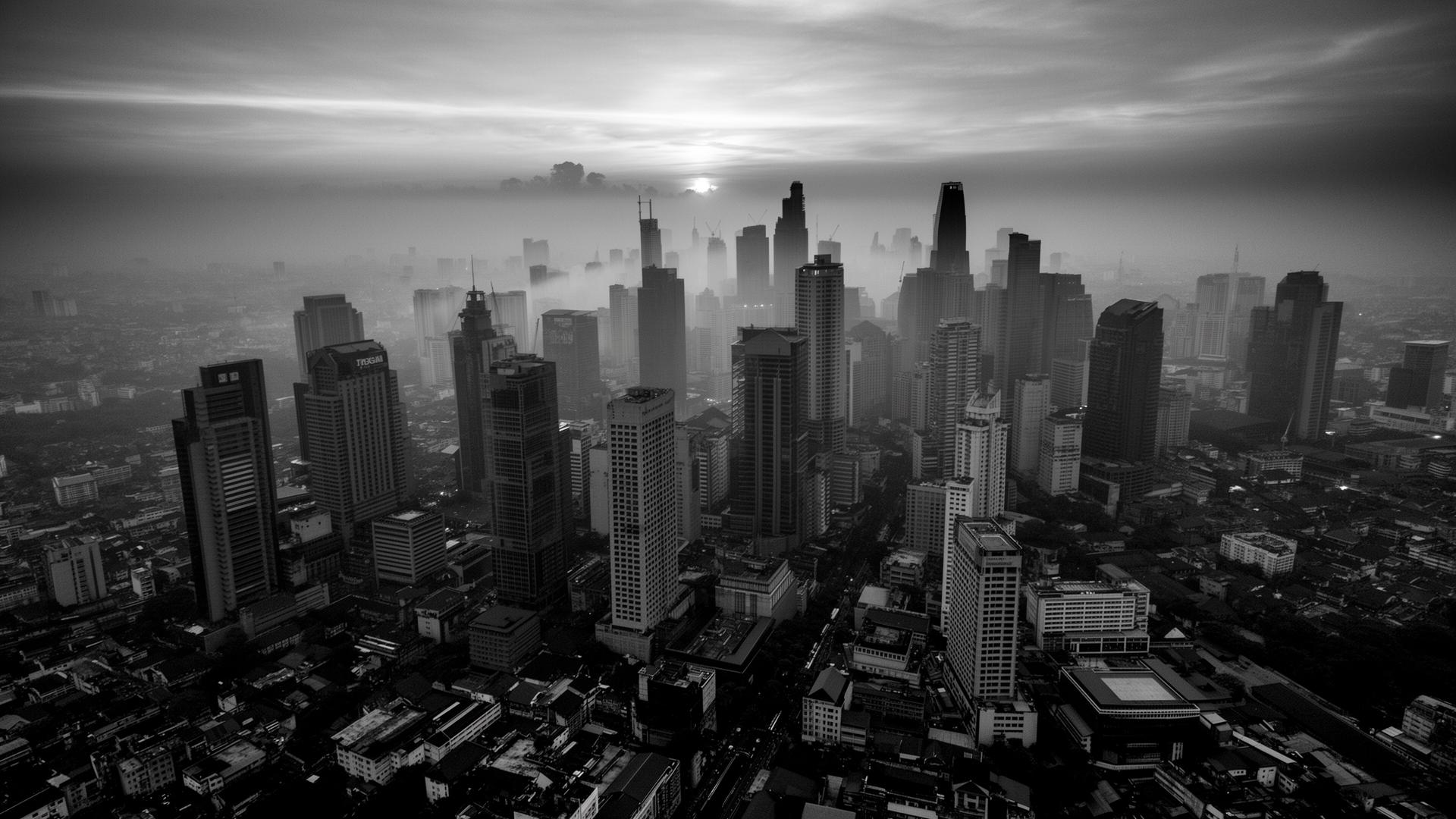Jakarta skyline at dawn in black and white